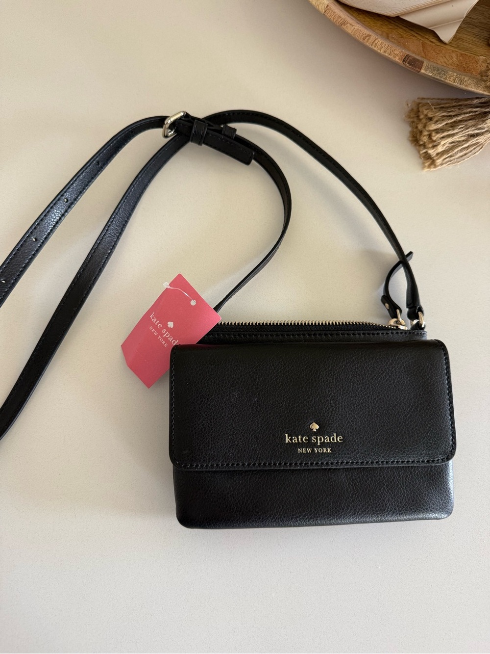 Kate Spade Karlee Black Leather Crossbody Bag with Gold Logo